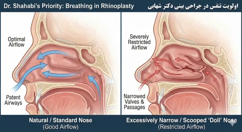 مقایسه جریان هوا در بینی طبیعی و بینی عروسکی خیلی باریک