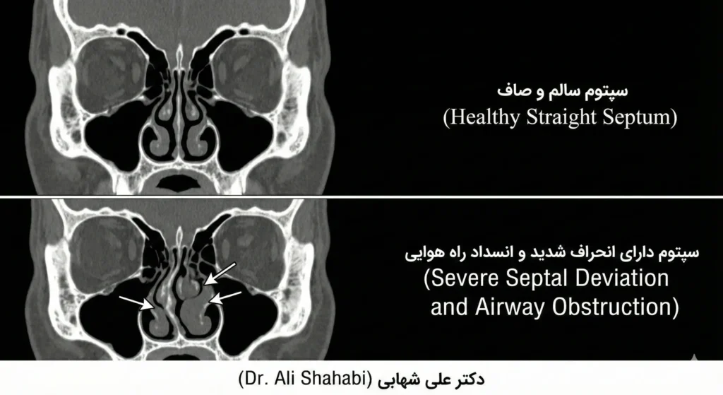 تصویر پزشکی مقایسه سپتوم صاف و سپتوم دارای انحراف شدید که راه هوایی را مسدود کرده است