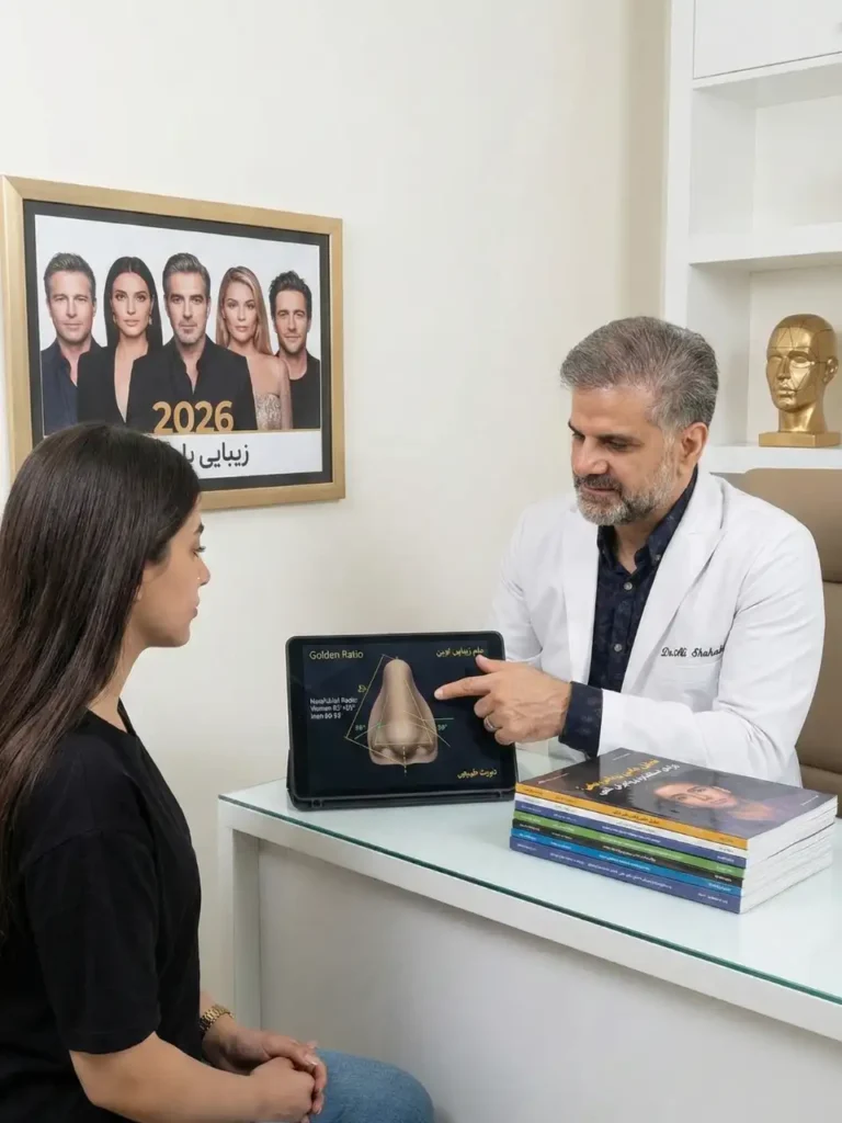 دکتر علی شهابی در حال مشاوره دادن به مراجعه کننده برای استاندارد های زیبایی بینی