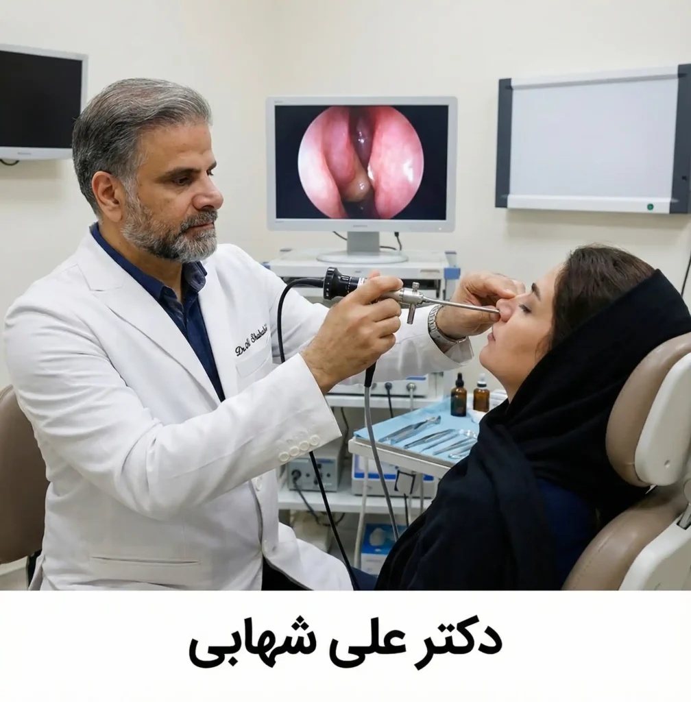 دکتر علی شهابی در حال معاینه آندوسکوپیک بیمار جهت یافتن علت گرفتگی و باز شدن راه بینی