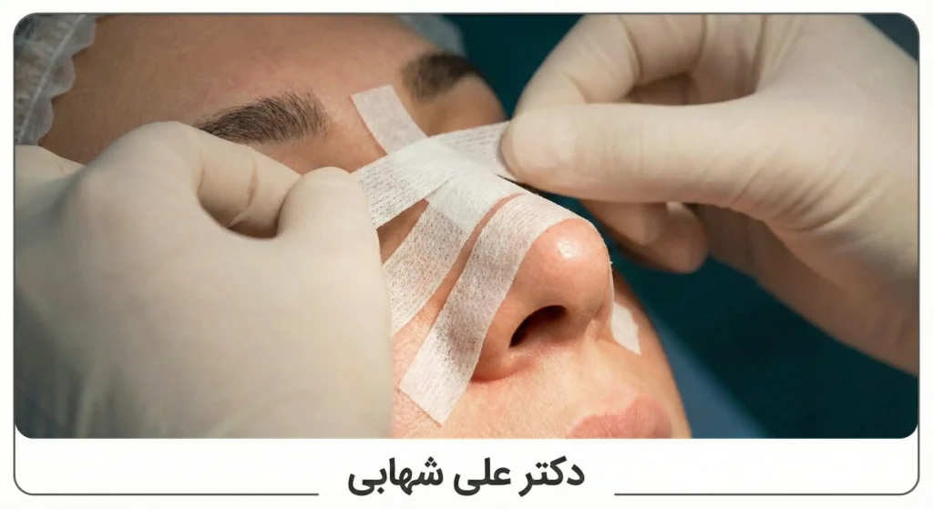 بیمار با بینی گوشتی در حال چسب زدن محکم برای کاهش ورم و جلوگیری از فضای مرده زیر پوست