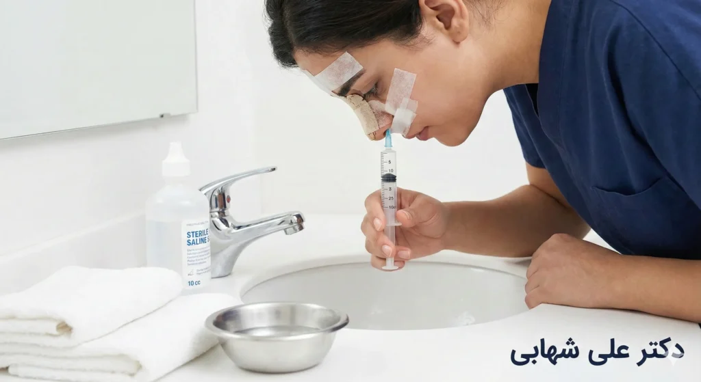نحوه صحیح شستشوی داخل بینی با سرم و سرنگ ۱۰ سی‌سی به عنوان یکی از مهم‌ترین مراقبت‌های بعد از عمل بینی
